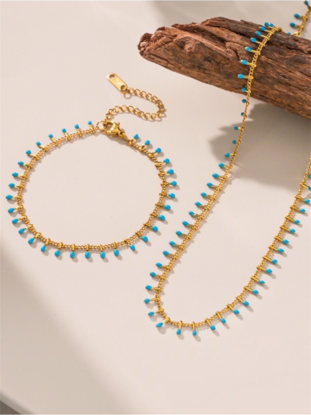2PC Gold & Turquoise Bead Necklace & Bracelet NWT Gold Plated